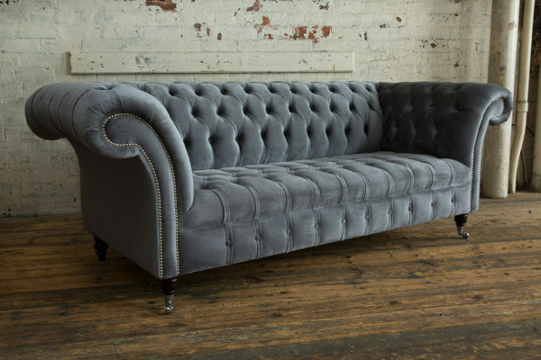 Modern Chesterfield Gray 3-Seater Stylish Living Room 3-Seater Couch