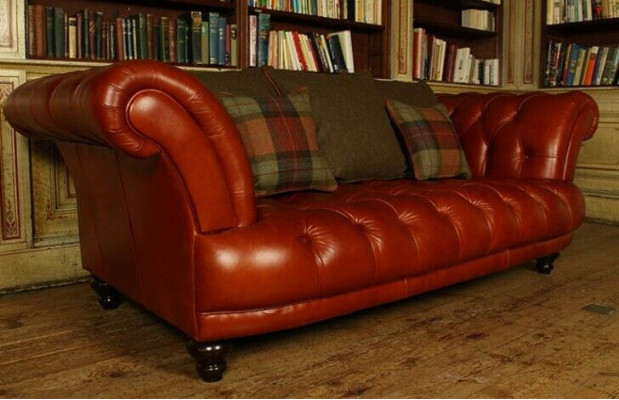 Brown Leather Chesterfield Sofa Couch Upholstery Fabric Suite 3-Seater New