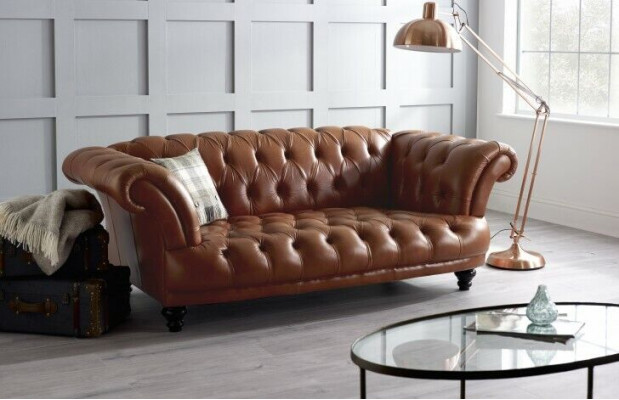 Brown Leather Chesterfield Sofa Couch Upholstery Fabric Suite 3-Seater New