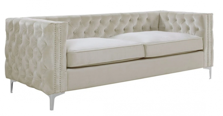 Chesterfield Three-Seater Sofa Beige Textile Fabric Couches Furniture Velvet Color Choice Available
