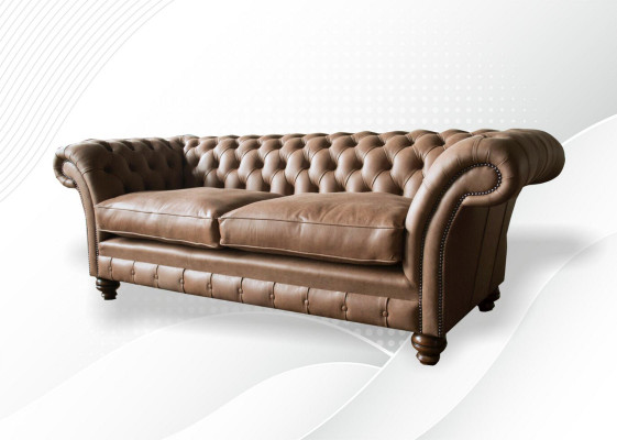 Design Sofa 3-Seater Couch Fabric Upholstery Brown Classic Sofas Chesterfield New