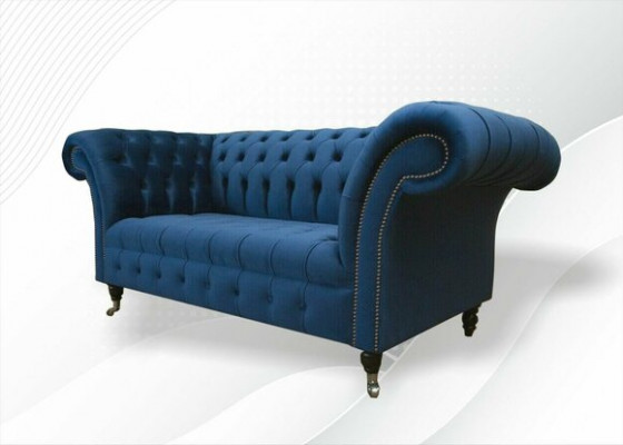 Design Chesterfield sofa set 2-seater couch fabric blue upholstered sofas blue
