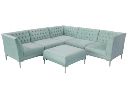 Turquoise Blue Corner Sofa Living Room Style Furniture Chesterfield Country House Set 2-piece.