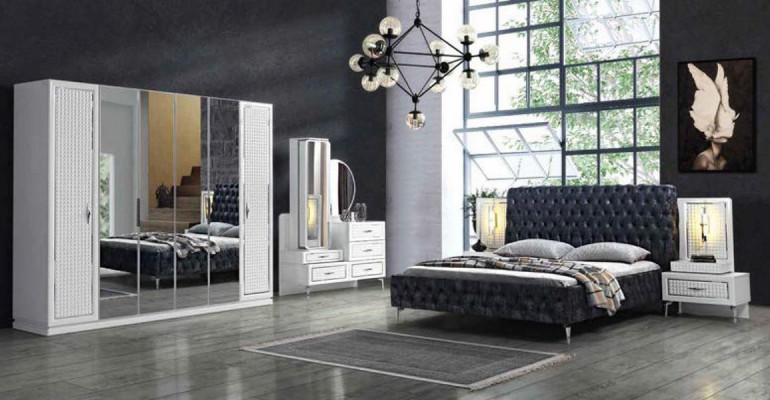 Bedroom bed nightstand dresser mirror wardrobe Chesterfield 5-piece set.