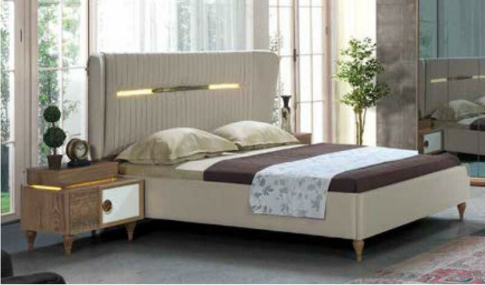 Design bedroom 5-piece set: bed, nightstands, dresser, wardrobe complete.