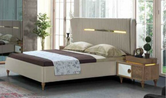 Design bedroom 5-piece set: bed, nightstands, dresser, wardrobe complete.