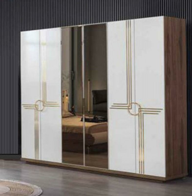 Complete bedroom luxury furniture set: bed, wardrobe, dresser, nightstand, wood, 5 pieces.