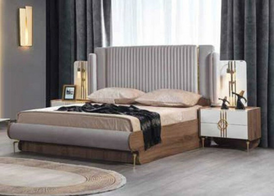 Complete bedroom luxury furniture set: bed, wardrobe, dresser, nightstand, wood, 5 pieces.