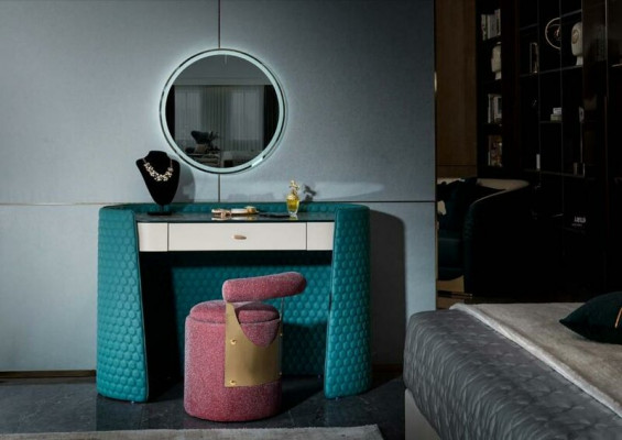 Bedroom set, console table, stool, nightstand, bed, bedroom furniture.