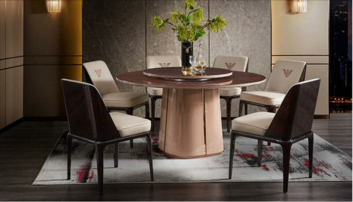 Leather Luxury Beige Set Armchair Modern Design Furniture Dining Room Wood 6 Chairs