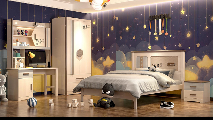 Children's room, teenage room set: bed, wardrobe, nightstand, desk 4-piece