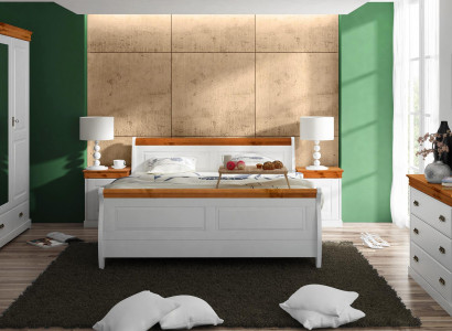 Country House Bed, Wardrobe, Nightstand, Complete Bedroom Wood Set 5-piece New