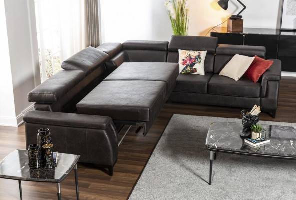 Sectional L-shaped sofa, sofas, leather sofa, black, bed function, living landscape