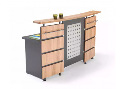 Modern reception counter with chest of drawers made of gray wood, new office furniture