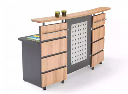 Modern reception counter with chest of drawers made of gray wood, new office furniture
