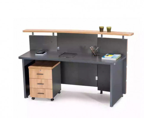 Modern reception counter with chest of drawers made of gray wood, new office furniture