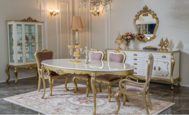 Design Dining Room Set 8-piece Dining Table Chair Sideboard Glass Cabinet Mirror
