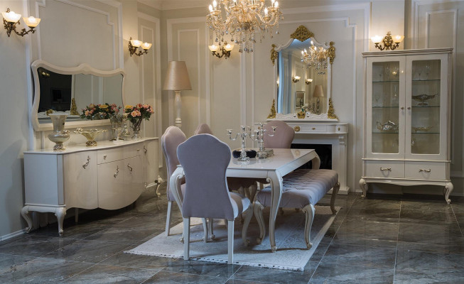 Dining room set 9 pieces: furniture table, 4x chair, sideboard, mirror, display cabinet, stool