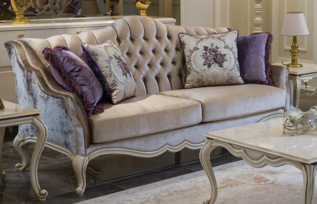 Three-seater luxury couch, three-seater upholstered classic seating, sofas, room furniture.