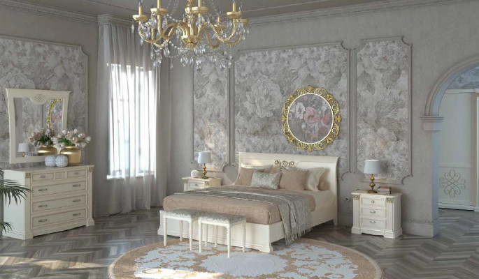 Bed, nightstand, dresser, 7-piece bedroom set, design luxury bedroom, solid wood.