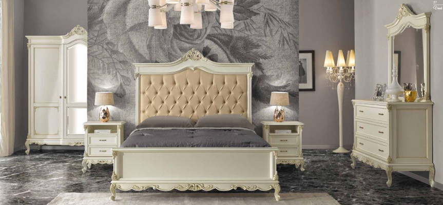 Bedroom bed with 2 bedside tables group set beds Chesterfield solid wood