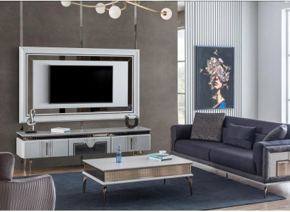Designer living room set 4-piece: upholstered sofa, TV stand, coffee table, tables.
