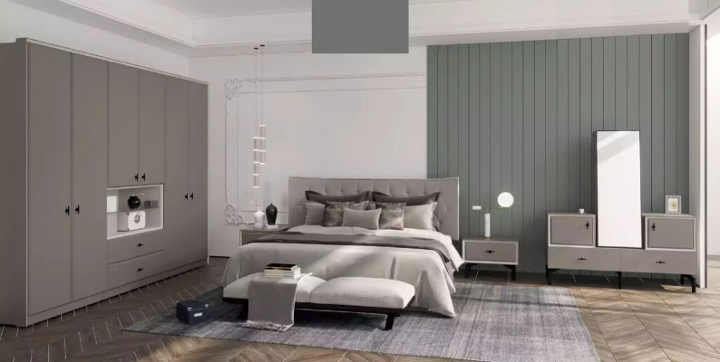 Gray Bedroom Set Designer Bed Dresser Wardrobe Luxury 5-piece