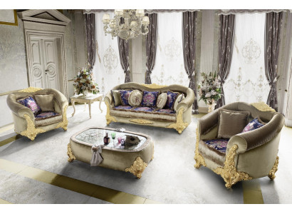 Classic living room set with 3+2+1 sofas and a coffee table with gold inlays.