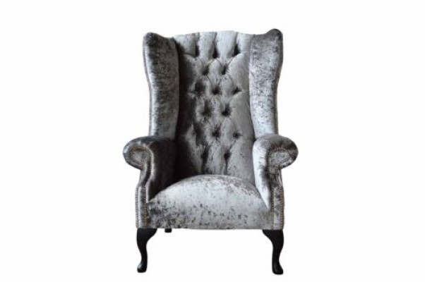 Chesterfield Wingback Chair, Armchair, Sofa, 1-Seater, Gray Fabric, Textile, New