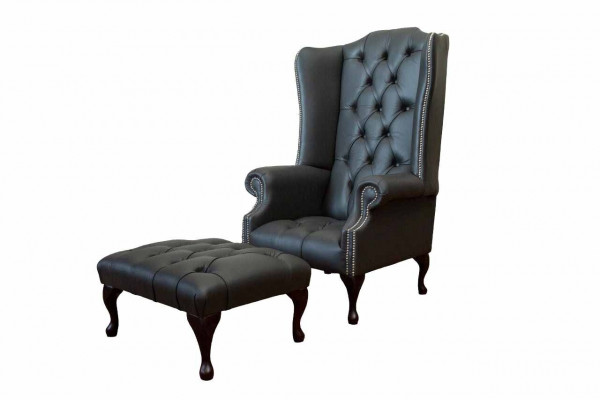 Armchair with stool designer upholstered armchair Chesterfield wingback chair new