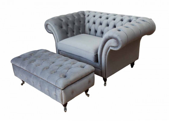Chesterfield Wingback Chair Footstool Armchair Couch Upholstery Set Gray Fabric