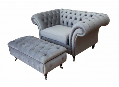 Chesterfield Wingback Chair Footstool Armchair Couch Upholstery Set Gray Fabric