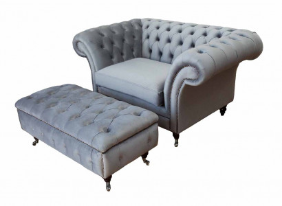 Chesterfield Wingback Chair Footstool Armchair Couch Upholstery Set Gray Fabric