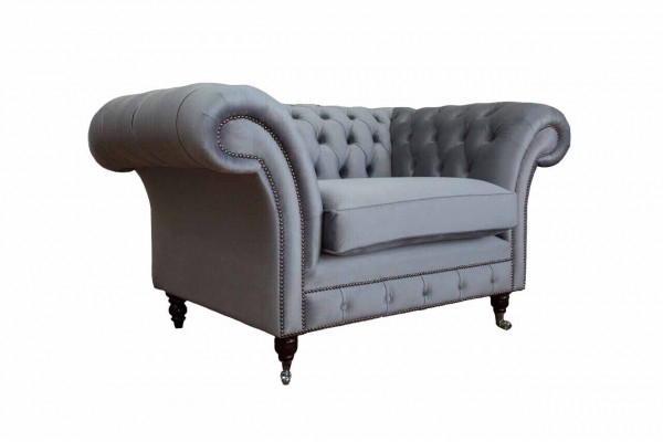 Chesterfield Wingback Chair Footstool Armchair Couch Upholstery Set Gray Fabric