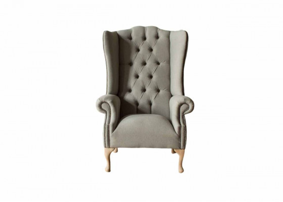 Gray wingback armchair armchair design upholstery Chesterfield fabric living room
