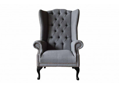 Chesterfield Wing Chair Sofa Couch Upholstered 1-Seater Gray Armchair Fabric