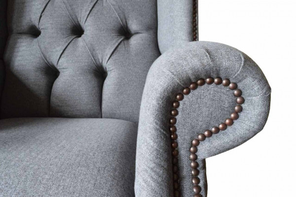 Chesterfield Wing Chair Sofa Couch Upholstered 1-Seater Gray Armchair Fabric