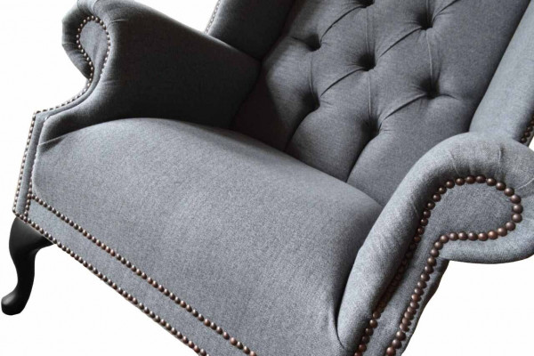 Chesterfield Wing Chair Sofa Couch Upholstered 1-Seater Gray Armchair Fabric
