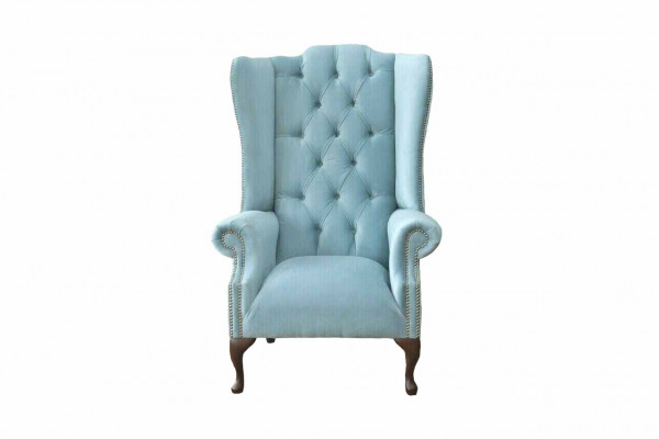 Baby blue wing chair armchair design upholstered sofa couch Chesterfield textile new