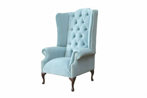 Baby blue wing chair armchair design upholstered sofa couch Chesterfield textile new