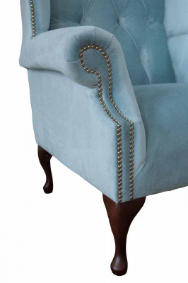 Baby blue wing chair armchair design upholstered sofa couch Chesterfield textile new
