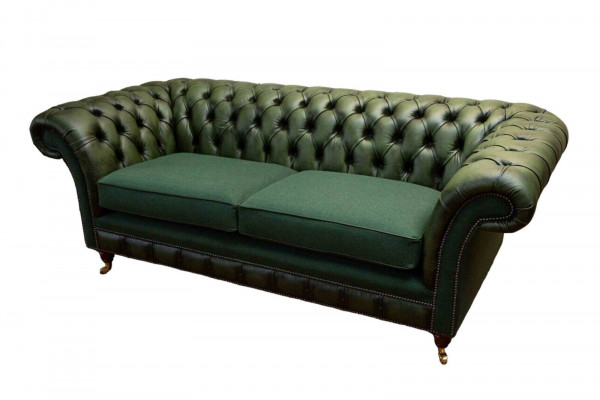 Design Sofa 3-seater Upholstery Leather Sofas Fabric Chesterfield Green