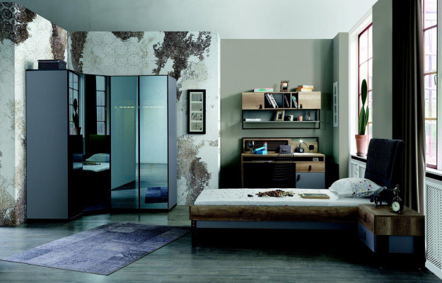 Youth bedroom set: bed, corner wardrobe, nightstand, desk, 4-piece furniture, new.