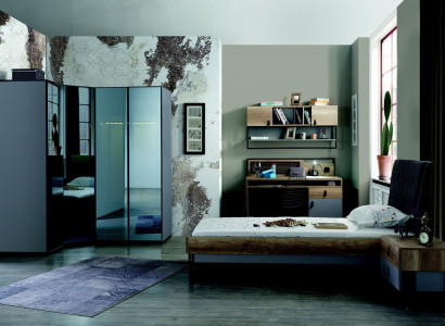 Youth bedroom set: bed, corner wardrobe, nightstand, desk, 4-piece furniture, new.