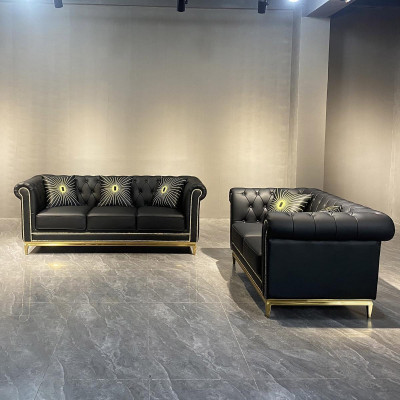 Black Chesterfield living room sofa set luxury set 3+2 seater 2-piece.