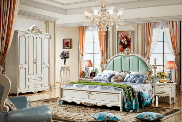 Bed Blue Beautiful Elegant Design Bedroom Upholstered Leather Beds