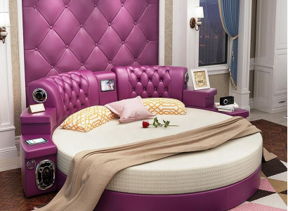 Round king-size bed round beds multifunction hotel upholstery leather shelf