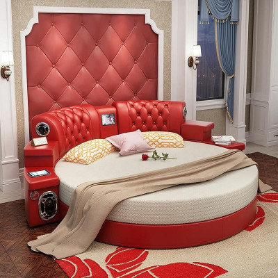 Round king-size bed round beds multifunction hotel upholstery leather shelf