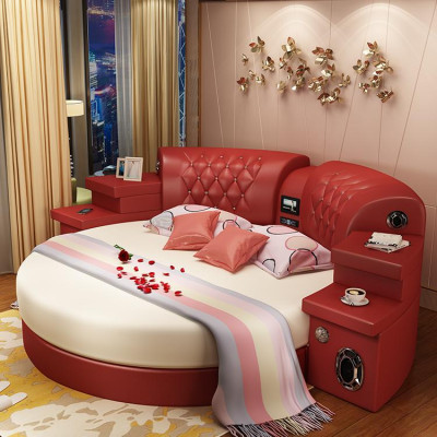 Round king-size bed round beds multifunction hotel upholstery leather shelf