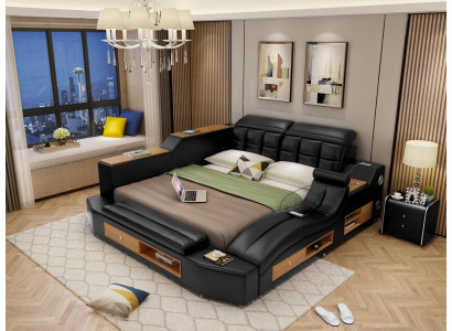 Design leather beds hotel double multifunction bed Bluetooth speakers luxury